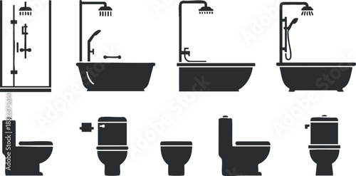 Vector illustration set of bathroom fixtures including showers, bathtubs, and toilets in a minimalist style