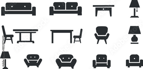 Minimalist black and white vector illustration of furniture icons including sofas, tables, chairs, and lamps for interior design projects