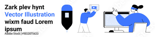 Person uploading video, modern computer screen and pointing figure. Ideal for teamwork, creativity, collaboration, technology, education, video editing, simple landing page
