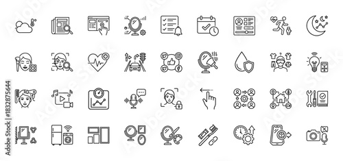 Smart technology and lifestyle line icon set. Vector pictograms of mirror, fitness, face scan, home automation, beauty, appliances and interface. Thin linear illustration.