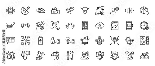 Home security line icon set. Vector pictograms of camera, alarm, siren, smart lock, face recognition, doorbell and motion detector, thin linear illustration.