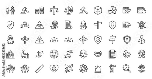 Data security and legal compliance line icon set. Vector pictograms of intellectual property, firewall, and artificial intelligence, thin linear illustration.