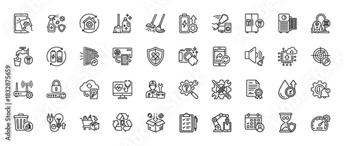 Smart home and electronic service line icon set. Vector pictograms of cleaning, repair, maintenance, and power management, thin linear illustration.