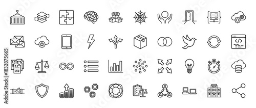 Technology and business line icon set. Vector pictograms of shipping container, puzzle, brain, cloud, and data analysis, thin linear illustration.