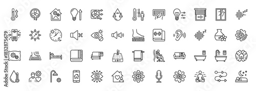 Smart home automation line icon set. Vector pictograms of thermostat, fan, lightbulb, bed, bathtub, and smart device, thin linear illustration.