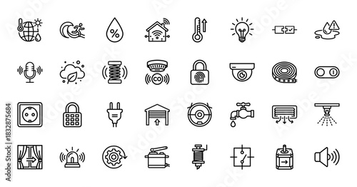 Smart home automation line icon set. Vector pictograms of thermostat, sensor, camera, lock, lighting, plug, robot vacuum, alarm, curtain. Thin linear illustration.