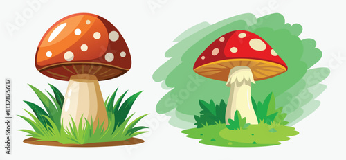 Two cartoon mushrooms with red and brown caps, white spots, and green grass on a white background
