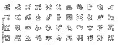 Technology and business line icon set. Vector pictograms of artificial intelligence, automation, finance, security, and travel, thin linear illustration.