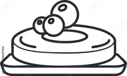 Outline vector illustration of a dessert plate featuring a round cake topped with berries, ideal for food and menu design