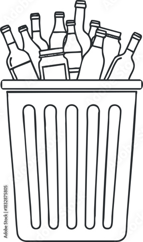 Outline vector illustration of a trash bin filled with bottles representing recycling and waste management concepts.