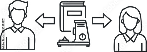 Outline vector illustration depicting a knowledge exchange between two people featuring books and a digital device for educational purposes