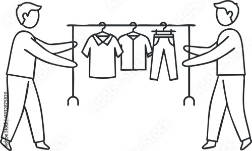 Minimalist line art illustration of two men holding a clothing rack with shirts and pants for retail display