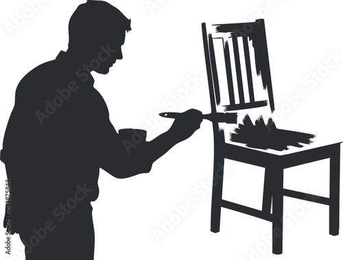 Silhouette vector illustration of a man painting a chair, ideal for DIY and home improvement projects