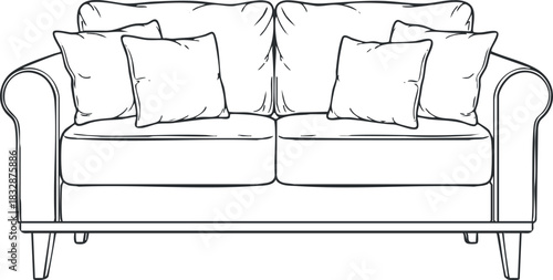 Outline vector illustration of a stylish sofa with plush cushions, ideal for interior design and home decor projects