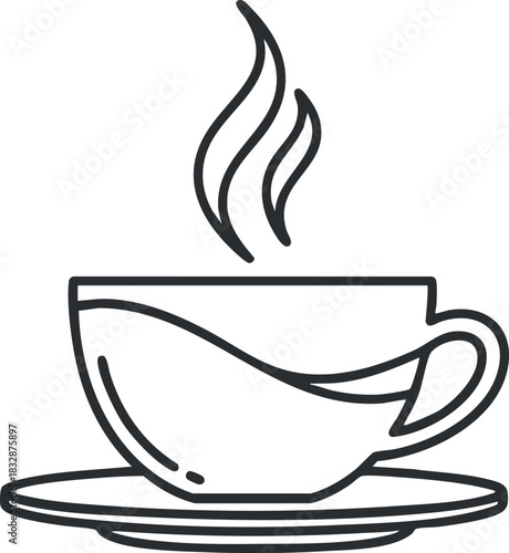 Minimalist line art vector illustration of a steaming cup on a saucer, ideal for café branding and beverage design