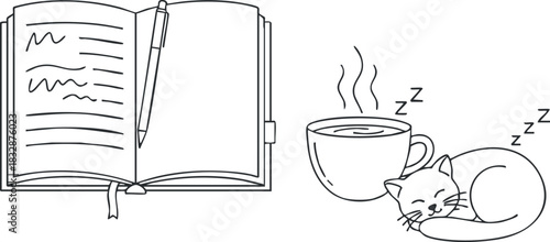 Cozy minimalist vector illustration featuring an open book, a pen, a steaming cup of coffee, and a sleeping cat.