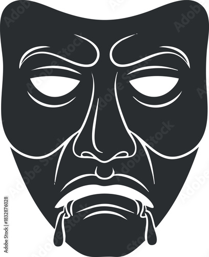Stylized black and white vector illustration of a dramatic theater mask representing emotion, ideal for art and design projects