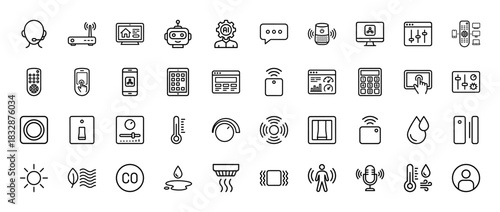 Smart home and internet of things line icon set. Vector pictograms of thermostat, remote control, router, speaker, and temperature, thin linear illustration.