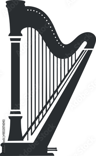 Elegant black and white vector illustration of a harp for music-themed projects and design applications