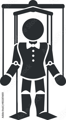 Minimalist black and white vector illustration of a puppet marionette character for theater and performance design projects