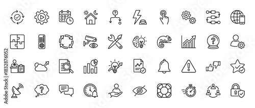 Business and technology line icon set. Vector pictograms of settings, calendar, security, chart, and alert, thin linear illustration.