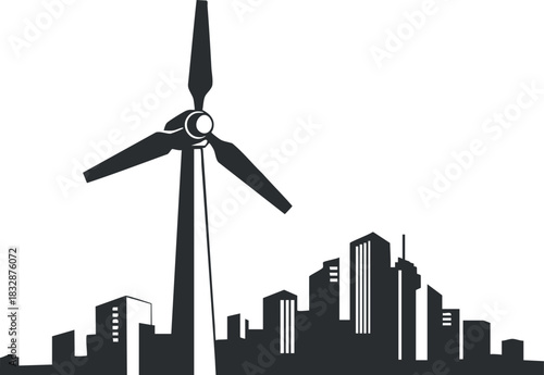 Silhouette vector illustration of a wind turbine with a city skyline, representing renewable energy and sustainability in urban environments