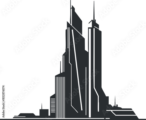 Stylized black and white vector illustration of a modern city skyline featuring high-rise buildings and skyscrapers for urban design projects.