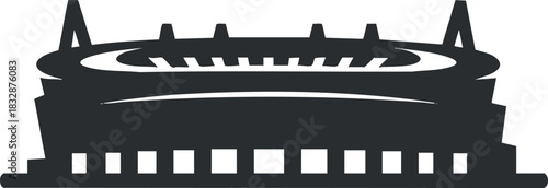 Stylized black silhouette vector illustration of a modern sports stadium, ideal for architecture and sports-related design projects