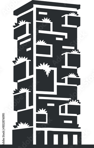 Stylized vector illustration of a modern building with geometric shapes and decorative balconies for architectural design projects