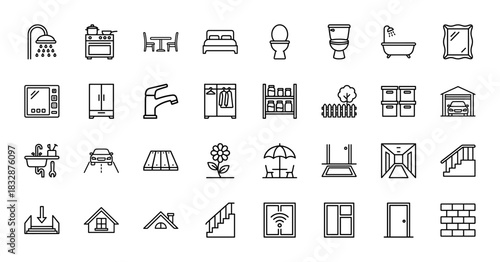 Real estate and home furniture line icon set. Vector pictograms of shower, toilet, bed, stove, table, and car, thin linear illustration.