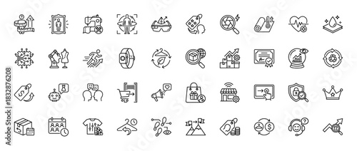 Retail and e-commerce line icon set. Vector pictograms of shopping, fashion technology, metrics, and customer experience, thin linear illustration.