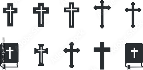 Set of minimalist vector icons featuring various cross designs and a book, ideal for religious themes and branding
