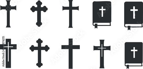 Collection of minimalist black silhouette vector icons depicting various cross designs and open scripture symbols