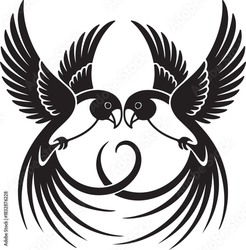 Twin Love Birds Heart Emblem for Romance Art, Wedding Symbol, and Logo Design