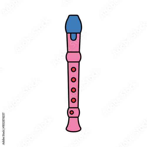 Pink recorder with blue mouthpiece and red holes on black background