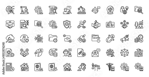Legal technology and business law line icon set. Vector pictograms of robot, gavel, patent, handshake, brain, contract, shield and money, thin linear illustration.