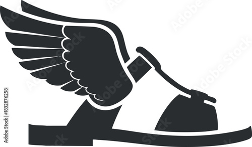 Modern flat design of a winged shoe symbol representing speed and freedom, ideal for sports and fitness branding.