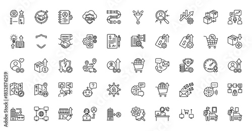 Business and commerce line icon set. Vector pictograms of sales funnel, CRM, contract, analytics, and delivery, thin linear illustration.