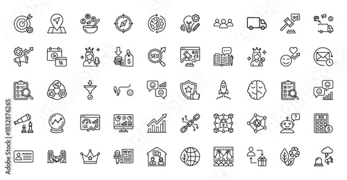 Business and marketing line icon set. Vector pictograms of targeting, analytics, strategy, finance, and digital communication, thin linear illustration.