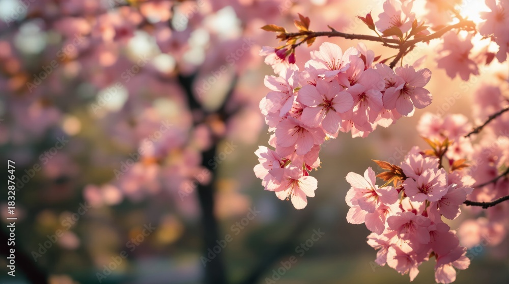 Fototapeta premium Pink Cherry Blossoms Bathed In Golden Sunlight. japanese patterns 