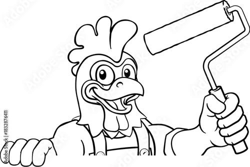 A chicken or rooster painter decorator handyman cartoon construction man mascot character holding a paint roller tool