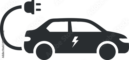 Flat vector illustration of an electric car with a charging plug, symbolizing eco-friendly transportation and sustainability