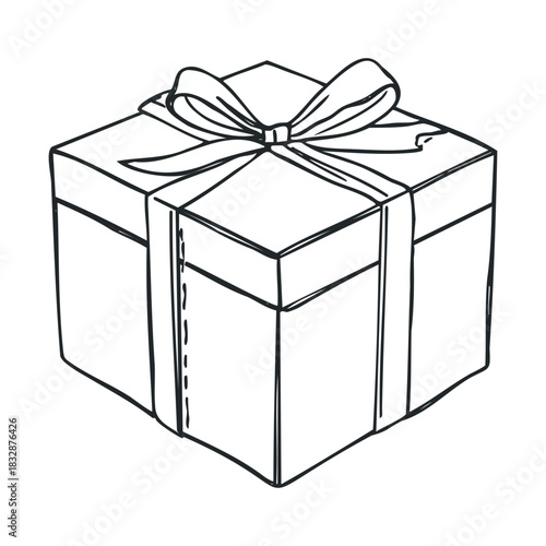 Sketch of a gift box with a ribbon and dotted seam.