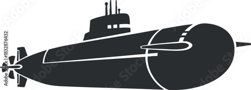 Minimalist black and white vector illustration of a submarine, ideal for military and marine-themed design projects