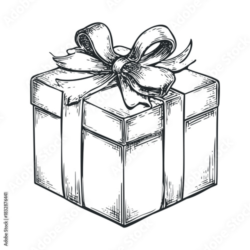 Detailed sketch of a gift box with a heavily tied bow.