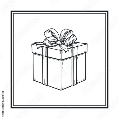 Shaded gift box with a bow inside a square outline frame.