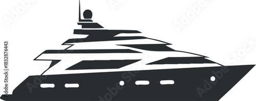 Stylish black and white vector illustration of a luxury yacht, perfect for marine-themed designs and travel branding