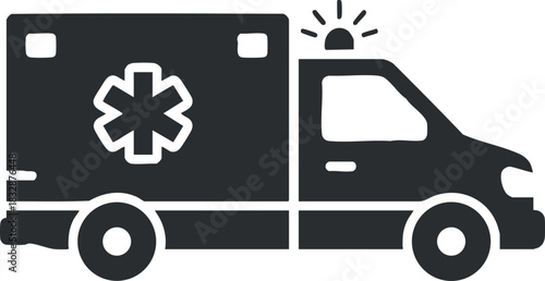 Minimalist black and white vector illustration of an ambulance vehicle featuring a medical symbol and emergency lights for healthcare and emergency services.