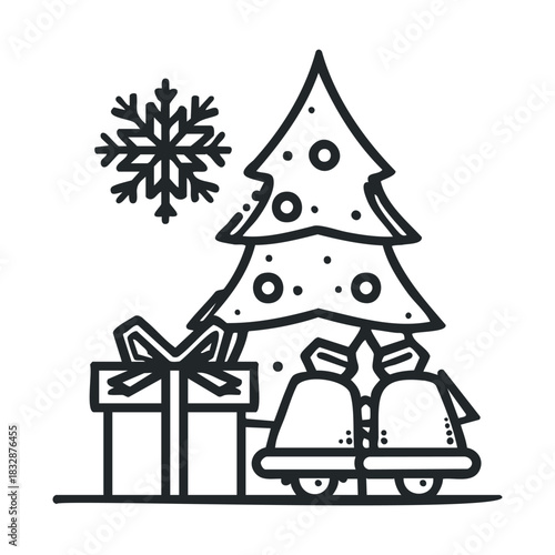 Simple icon of a holiday tree, gift, bells, and flake.