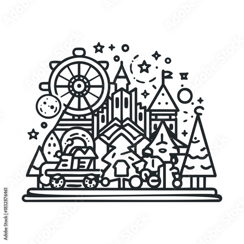 Geometric icon of a dense festive winter city scene.